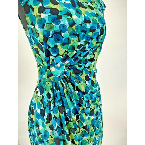 Connected Apparel Woman's Blue Green Faux Wrap Dress Size 4 Ruched Waist Stretch - Picture 5 of 8
